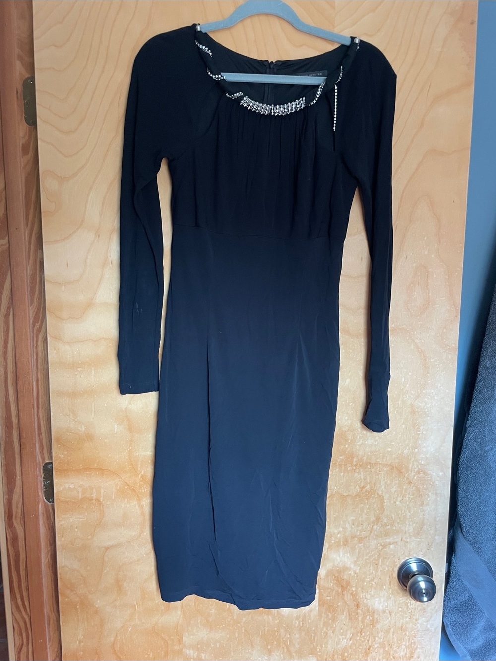 David Meister Black Long-Sleeve Midi Dress with Beaded Neckline